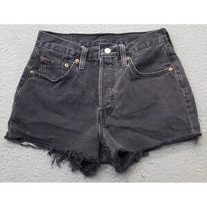 Levi's 501 Cut-off Jean Shorts Womens 26 Black Denim Red Tab Button Fly Raw Hem